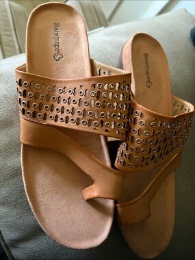 BareTraps Tan Perforated Toe-Post Slide Sandals
